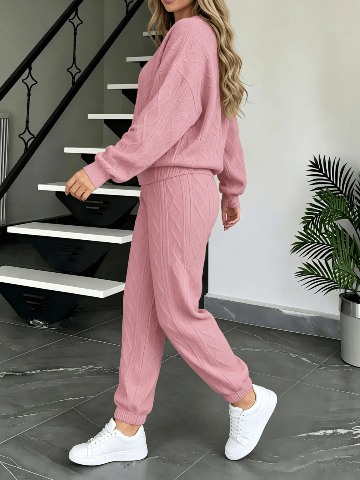 Women Cable Knit 2‑Piece Outfit O‑Neck Long Sleeve Sweater Tops Jogger Pants Set Loose Casual Loungewear Knitted Tracksuit For Daily Wear