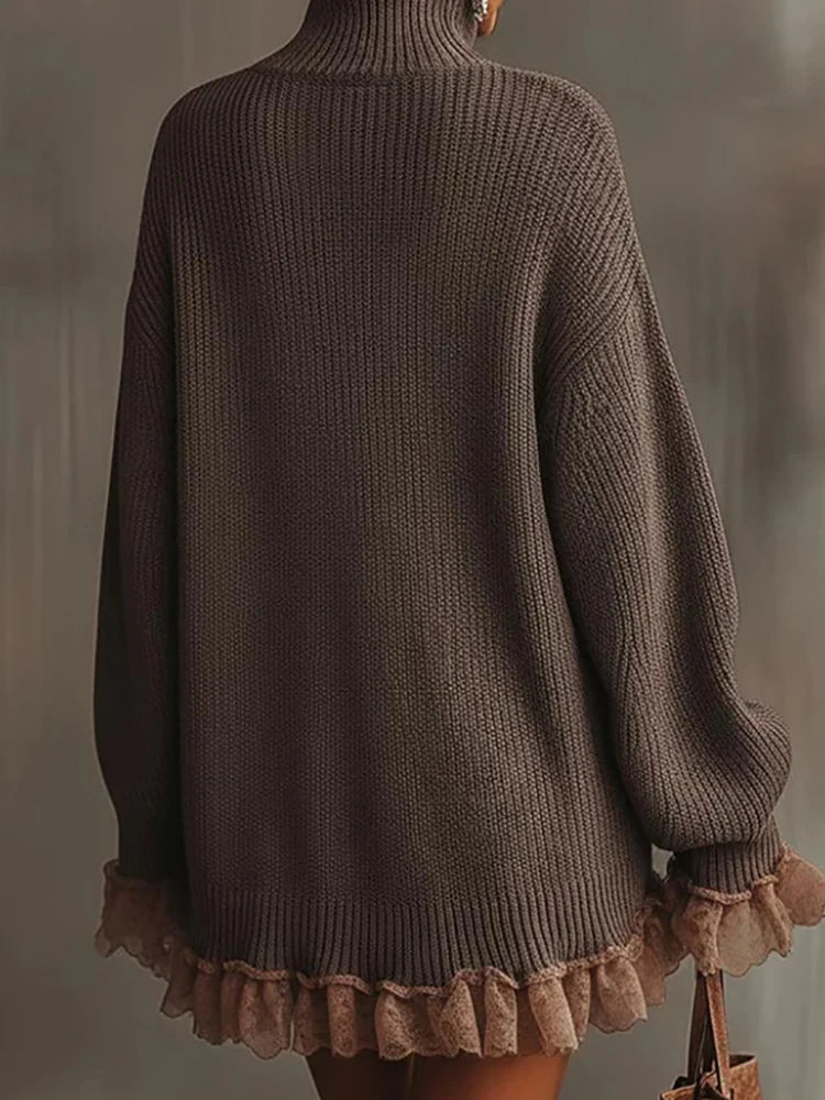 Long Sleeve Lace Patchwork Long Sweaters Women Fall Turtleneck Knit Elegant Pullovers New Casual Solid Lady Mini Dress Sweater
