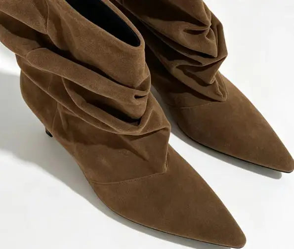 ZAROY Brand Designer Women Boots Fall Winter Warm Faux Suede Short Botas Point Toe Ruched Kitten Heel Modern Ankle Boots ботинки