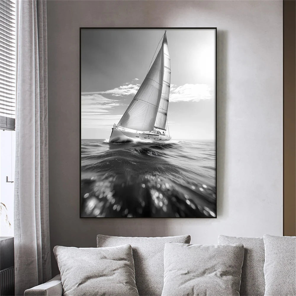 Black White Sailing Boat Canvas Wall Art Nautical Ocean Yacht Poster Set Coastal Style Living Room Bedroom Home Wall Decor