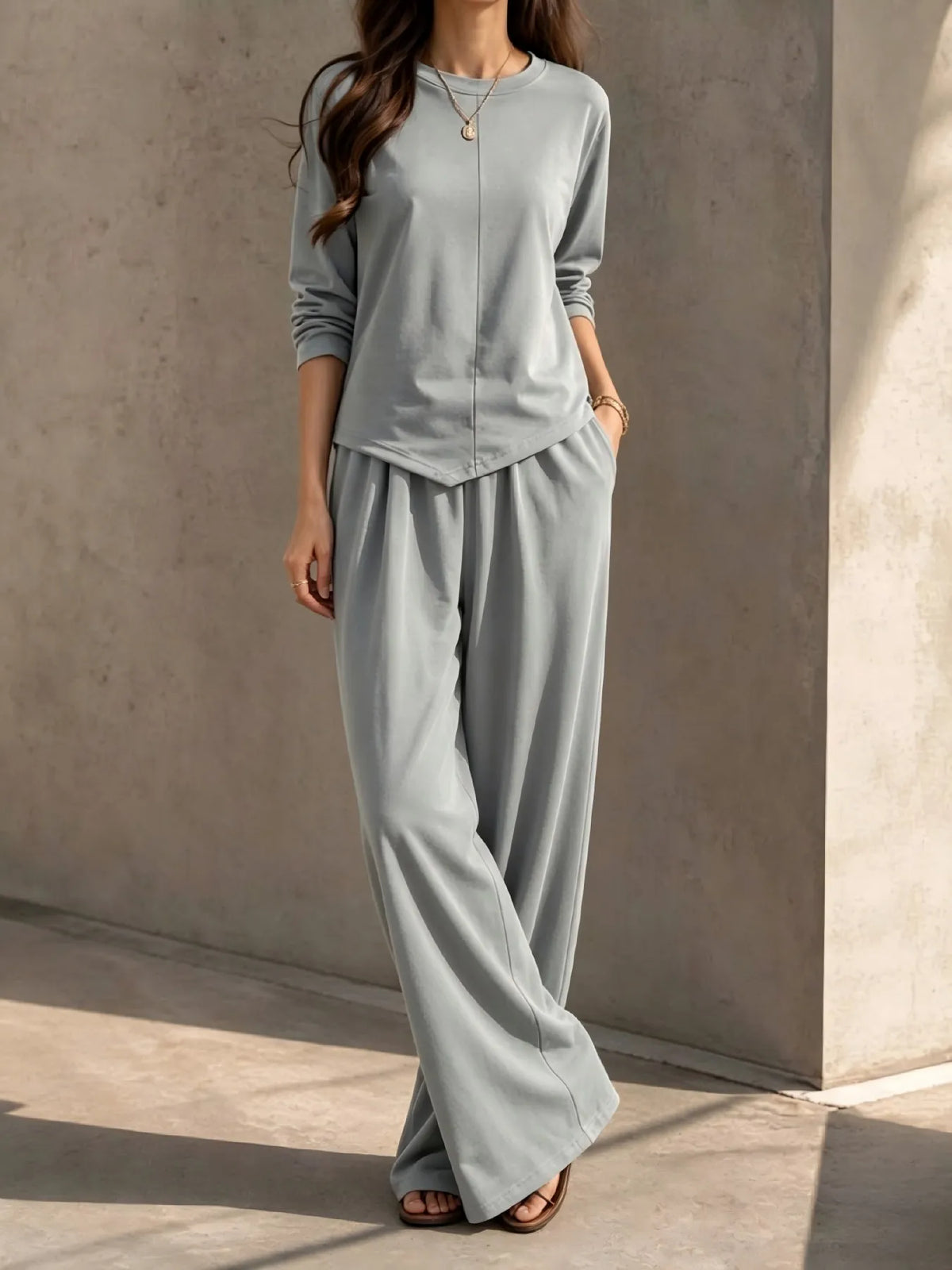 Women 2 Piece Outfit Set, Long Sleeve Irregular Hem Crewneck Top & Elastic Waist Wide Leg Pants, Casual Loose Matching Loungewear For Daily Travel