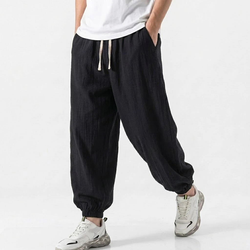 Mens Cotton Linen Harem Trousers Spring Summer Drawstring Loose Baggy Bottoms Casual Streetwear Pants for Gym Daily Work