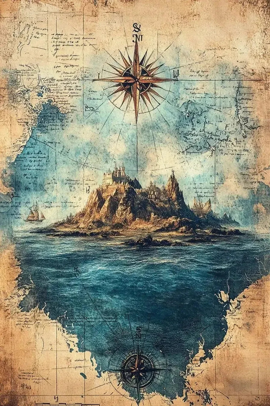 （2D canvas painting）Vintage Nautical Poster Prints Antique Sea Treasure Map Canvas Painting Wall Art Picture for Living Room