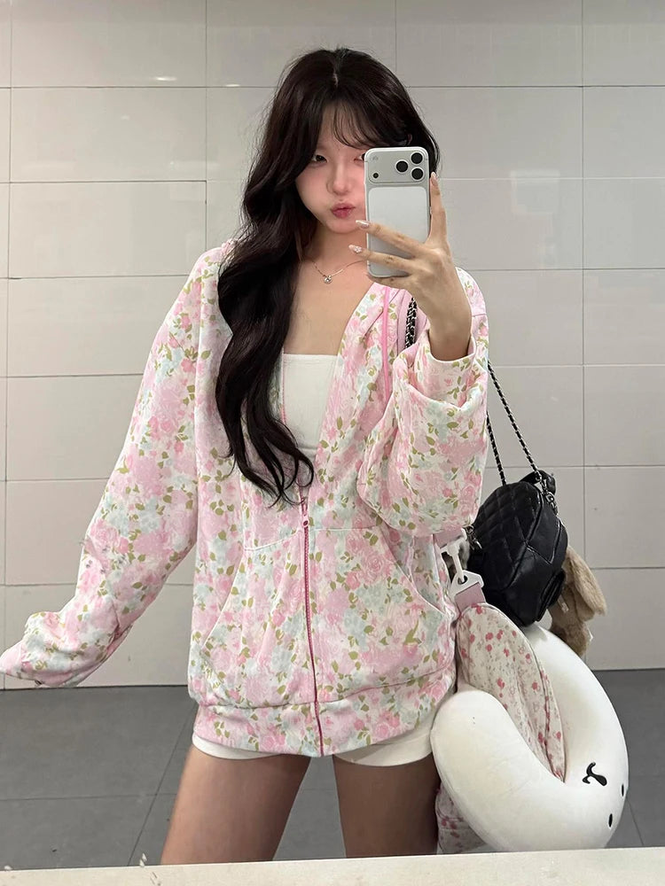 Aoaiiys Floral Print Hoodies Women Streetwear Zipper Loose Sweatshirt Long Sleeve Hoodies Y2k Autumn Winter New Sweatshirts Coat
