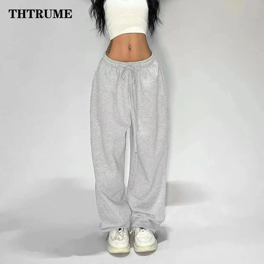 Casual Women Solid New Pant Fashion Summer Oversized Vintage Pocket Drawstring Wide Leg Pants Elegant Loose Baggy Chic Trousers