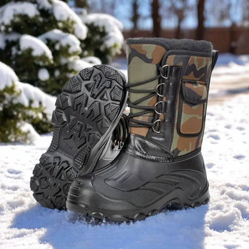 Men High‑top Winter Snow Boots Waterproof Non‑Slip Short Plush Lined Warm Lace‑Up Outdoor Hiking Fishing Camouflage Boots