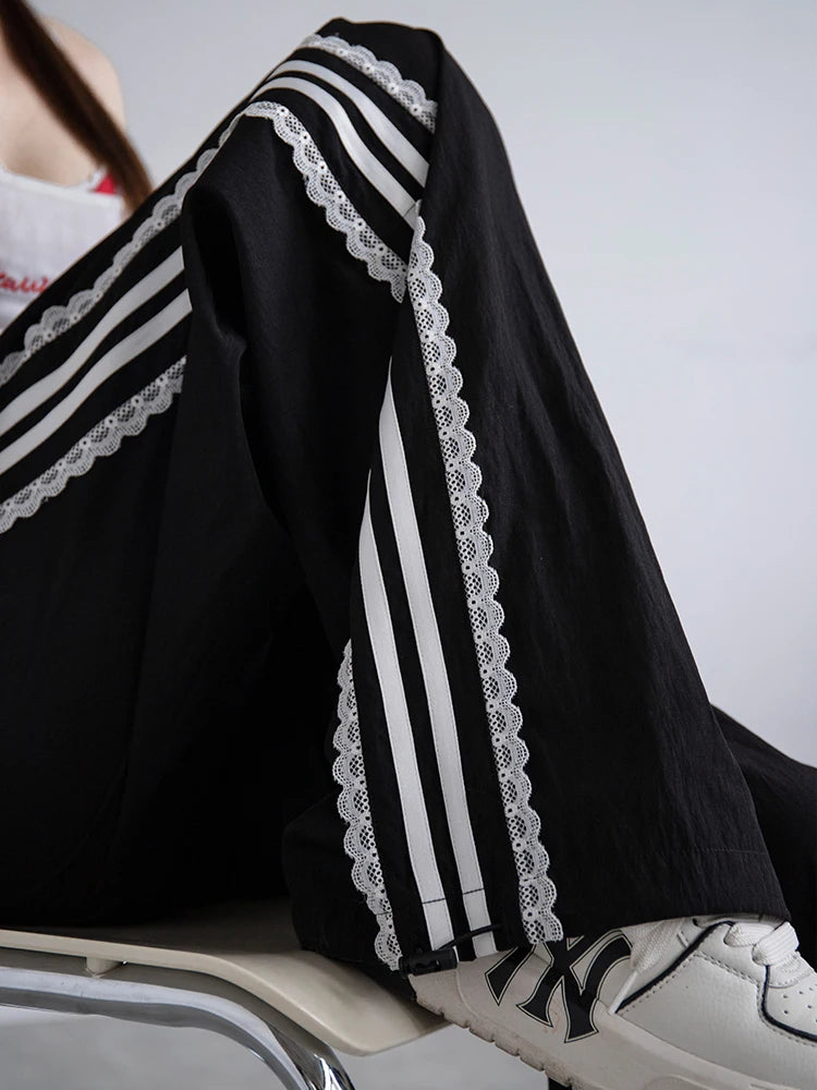 Korean Lace Patchwork Women's Trousers, Side Stripe Webbing Wide-Leg Pants, Casual Baggy Sweatpants, Women's Pants Trend 2026