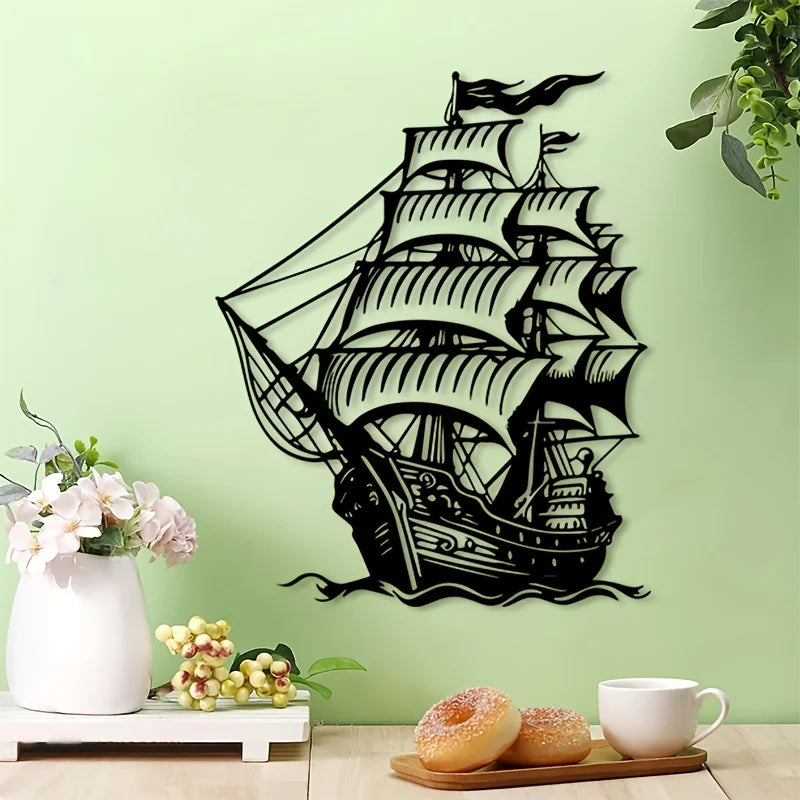 Metal Wall Art Pirate Ship Nautical Iron Rustic Hanging Sculpture for Beach Home Living Room Dad Nautical Fan Gift