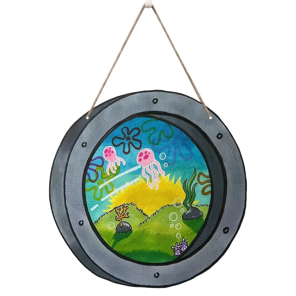 Cartoon Jellyfish Underwater Round Metal Tin Sign, High Definition Iron Painting, Nautical Themed Window View Wall Decor, Waterp