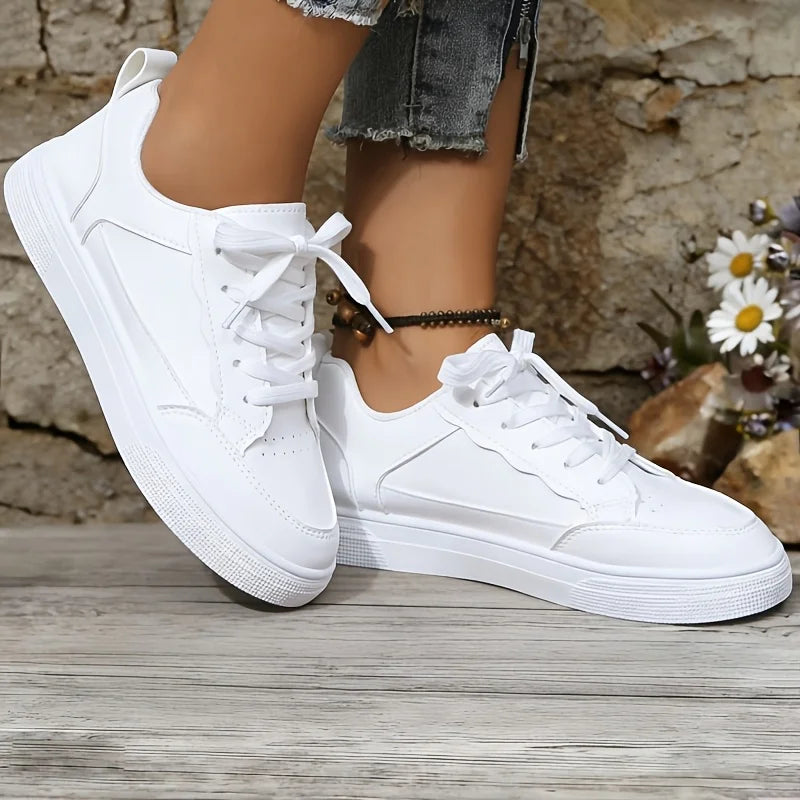 Women White Platform Sneakers 2026 New Fashion Lace Up Skate Shoes Ladies Light Soft Leather Casual Walking Shoes Non Slip Flat Sole All Match Daily Outdoor Comfy Versatile White Trainer Footwear Trendy Minimalist Basic White