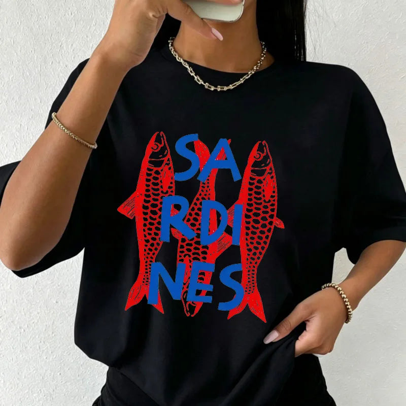 Women's White Oversized T-Shirt Red Lobster & Blue Stripes Print Casual Short Sleeve Tee Summer Beach Nautical Crew Neck Top