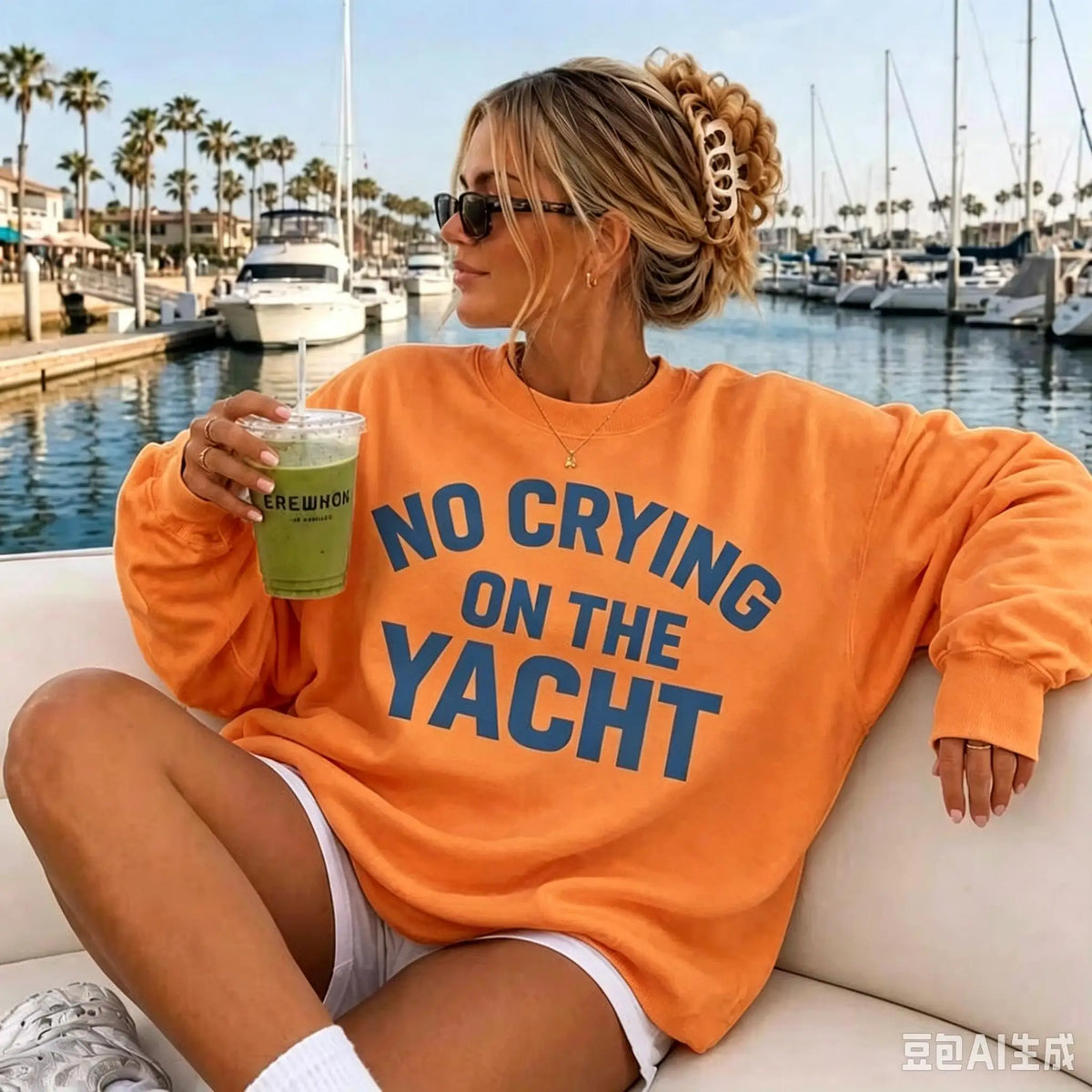 Oversized Crewneck Sweatshirt, Retro Millennium‑Style "No Crying On The Yacht" Lake Life Graphic Print Pullover, Cute Long‑Sleeve Tops For Summer Fall Women Daily Wear