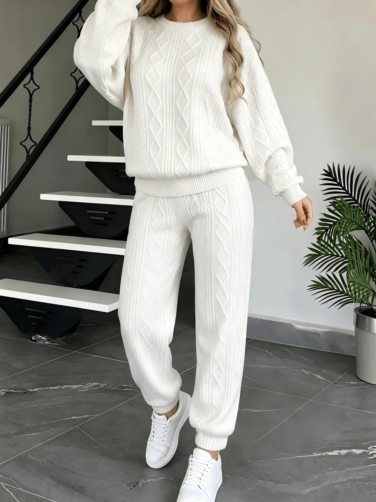 Women Cable Knit 2‑Piece Outfit O‑Neck Long Sleeve Sweater Tops Jogger Pants Set Loose Casual Loungewear Knitted Tracksuit For Daily Wear