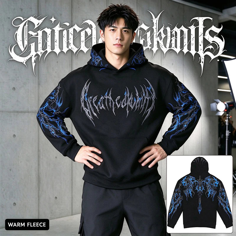 2025 Men's Gothic Skull Thorn Print Hoodie Fleece Lined Winter Streetwear Sweatshirt Casual Warm Pullover Tops for Daily Wear