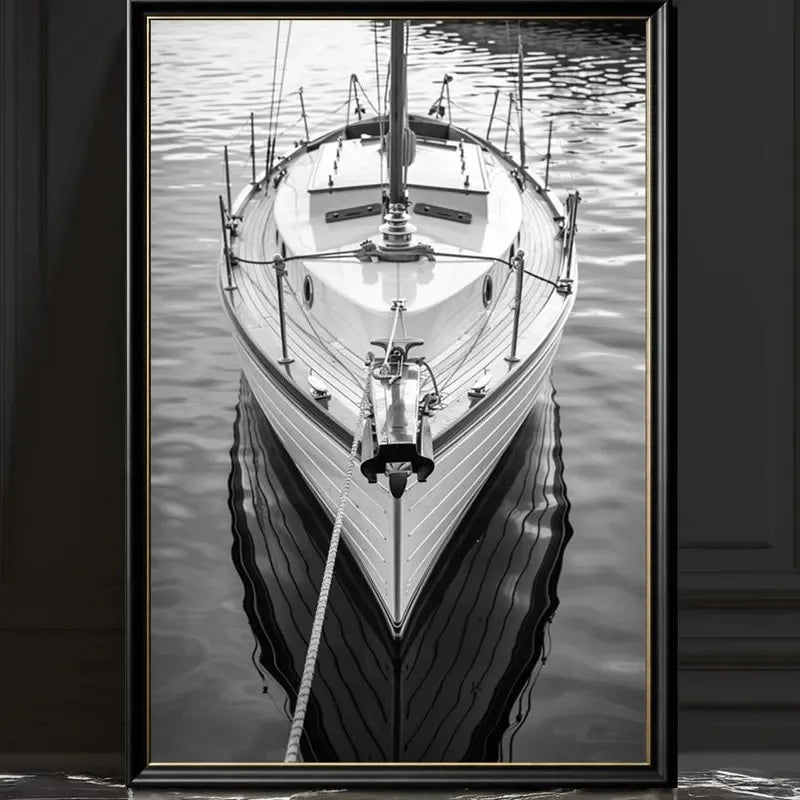 Black White Sailing Boat Canvas Wall Art Nautical Ocean Yacht Poster Set Coastal Style Living Room Bedroom Home Wall Decor