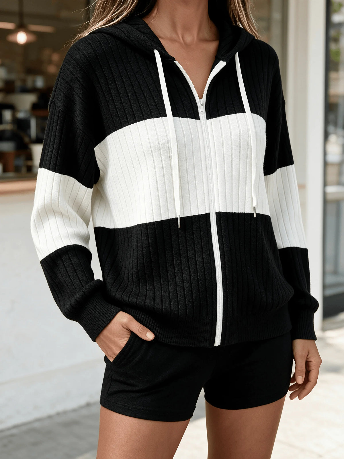 Women Color Block Zip Up Hooded Knit Cardigan Long Sleeve Drawstring Hoodie Casual Loose Fit Outerwear Jacket For Daily Wear