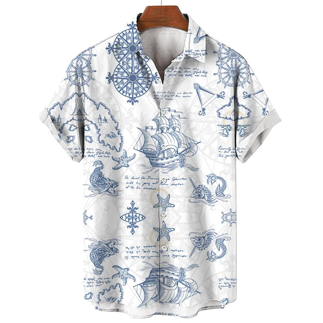 Vintage Men'S Sailing Hawaiian Casual Shirt For Blouse Men Fashion Short Sleeve Summer Street Top Male Clothes Camisas Casuais