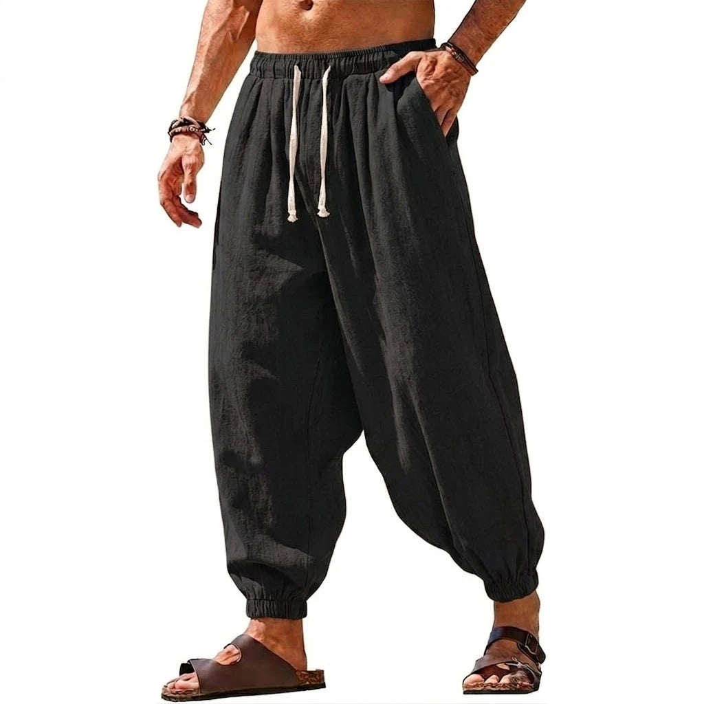 Mens Linen Harem Trousers Baggy Jogger Pants Lightweight Casual Bottoms Breathable Loose Trousers for Hiking Gym and Daily Work