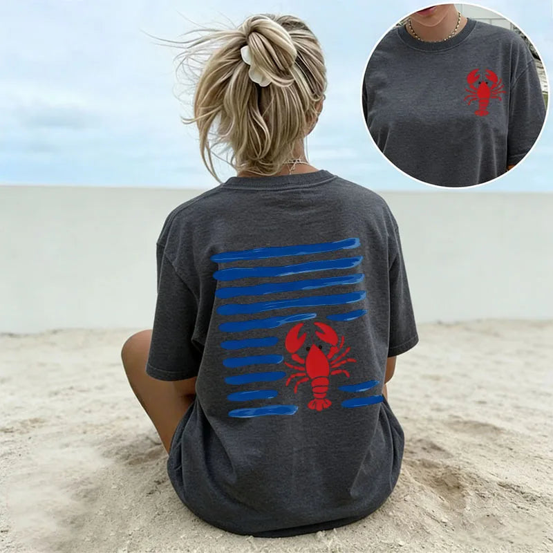 Women's White Oversized T-Shirt Red Lobster & Blue Stripes Print Casual Short Sleeve Tee Summer Beach Nautical Crew Neck Top