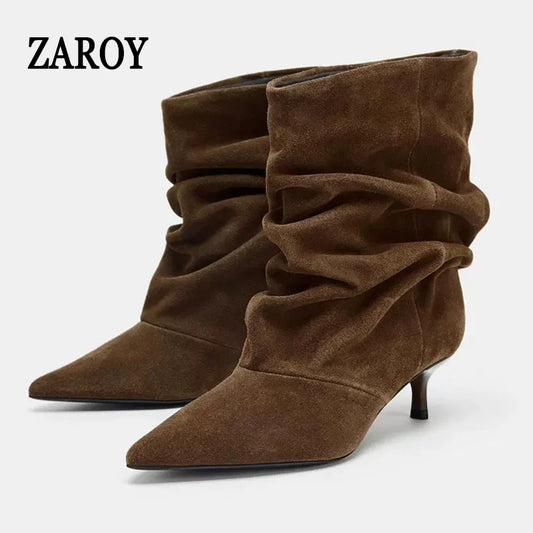 ZAROY Brand Designer Women Boots Fall Winter Warm Faux Suede Short Botas Point Toe Ruched Kitten Heel Modern Ankle Boots ботинки
