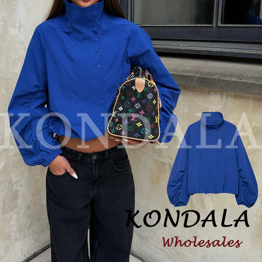 KONDALA Autumn Blue Fashion 2026 Women Jacket Elegant Modern Chic Single Breasted Long Sleeve Streetwear Oversized Cool Outwear