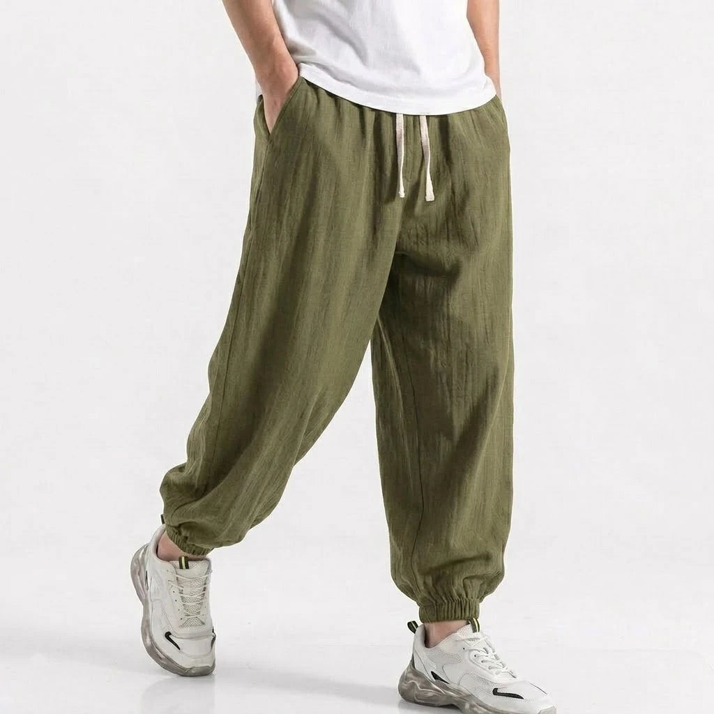 Mens Cotton Linen Harem Trousers Spring Summer Drawstring Loose Baggy Bottoms Casual Streetwear Pants for Gym Daily Work