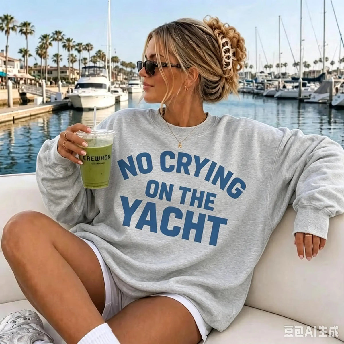 Oversized Crewneck Sweatshirt, Retro Millennium‑Style "No Crying On The Yacht" Lake Life Graphic Print Pullover, Cute Long‑Sleeve Tops For Summer Fall Women Daily Wear