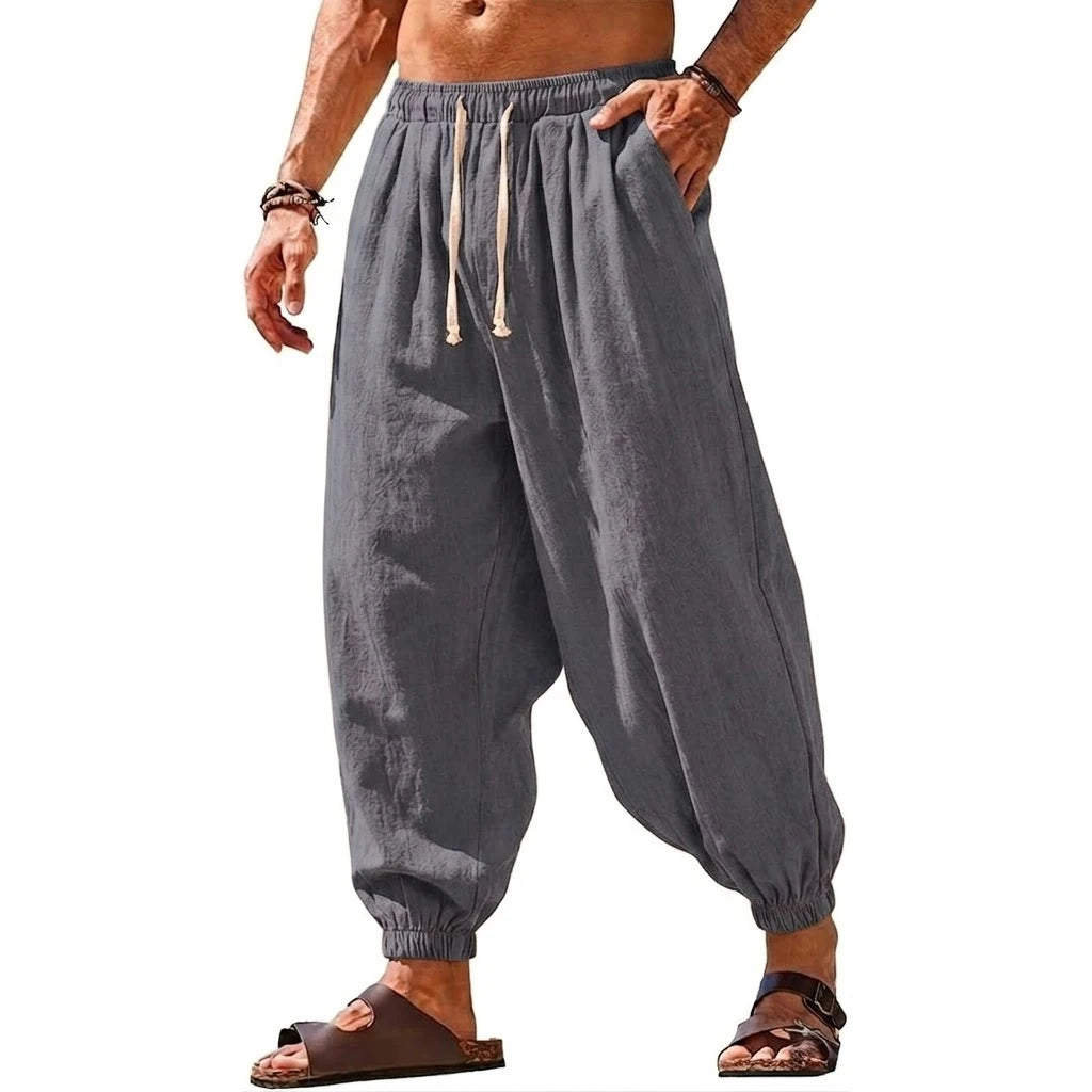 Mens Linen Harem Trousers Baggy Jogger Pants Lightweight Casual Bottoms Breathable Loose Trousers for Hiking Gym and Daily Work