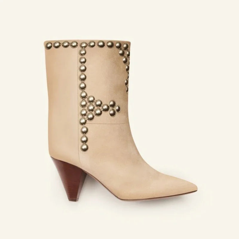 Rivets Studed Women Over The Knee High Boots Long Boots Flock Leather Patchwork High Heel Pointed Toe Runway Bota Black Beige