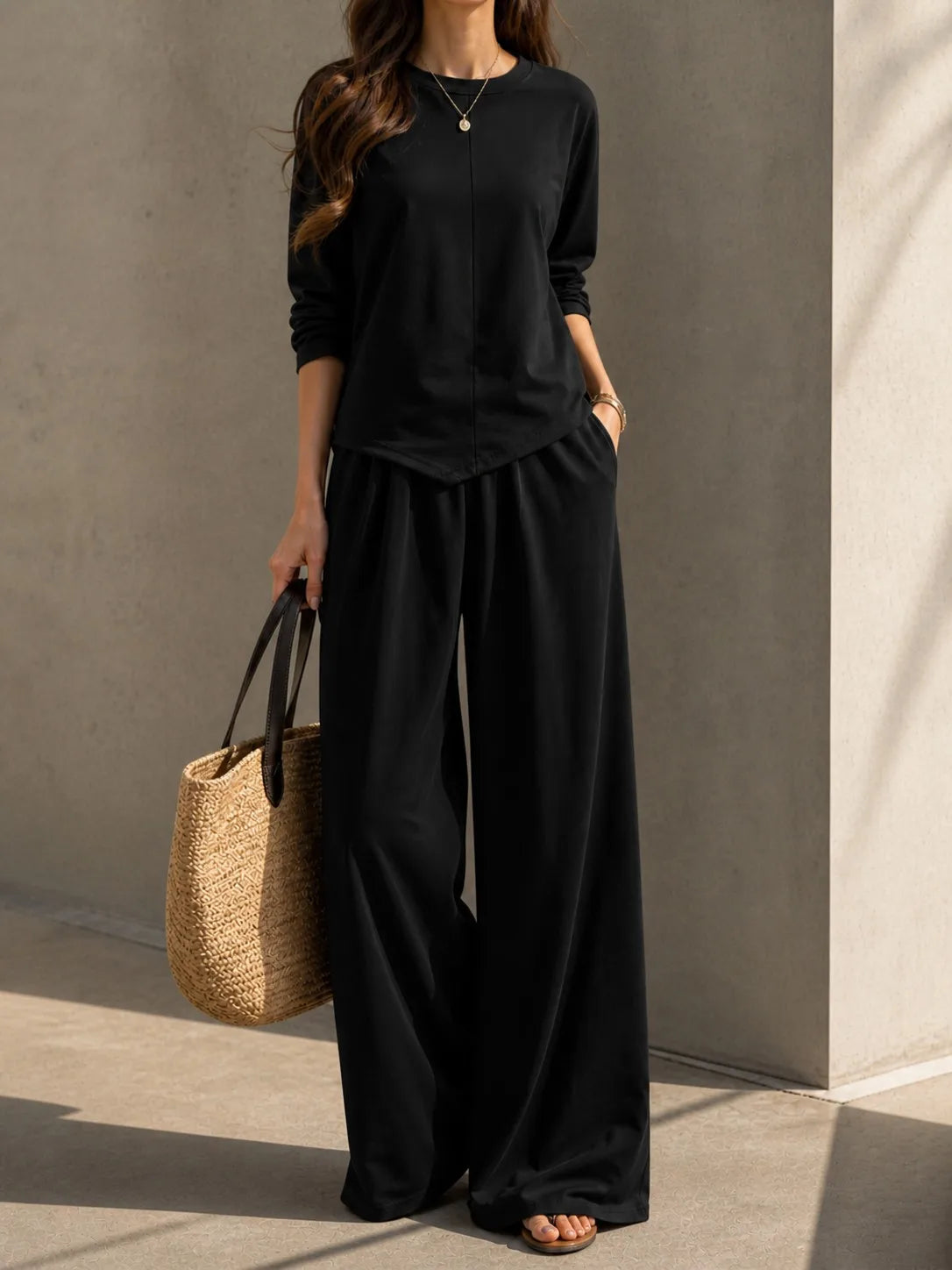 Women 2 Piece Outfit Set, Long Sleeve Irregular Hem Crewneck Top & Elastic Waist Wide Leg Pants, Casual Loose Matching Loungewear For Daily Travel