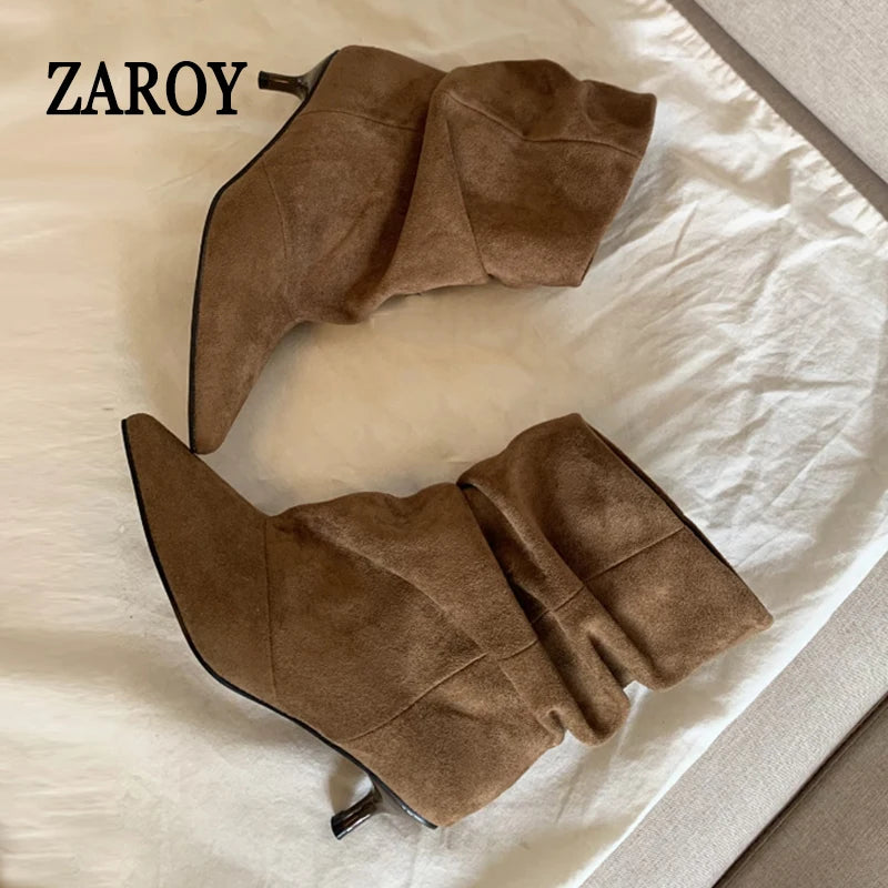 ZAROY Brand Designer Women Boots Fall Winter Warm Faux Suede Short Botas Point Toe Ruched Kitten Heel Modern Ankle Boots ботинки