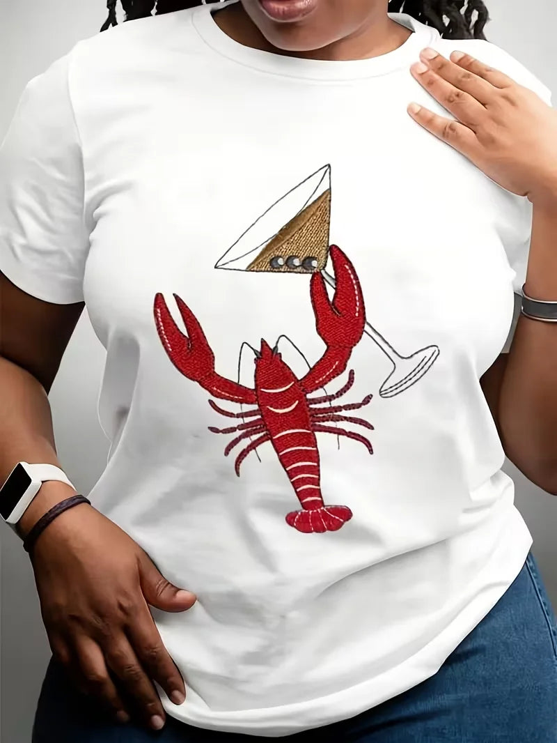 Coastal Maine Lobster Print T-shirt Nautical Beach Graphic Short Sleeve Tops Women Casual Loose Streetwear Daily Wear Tee