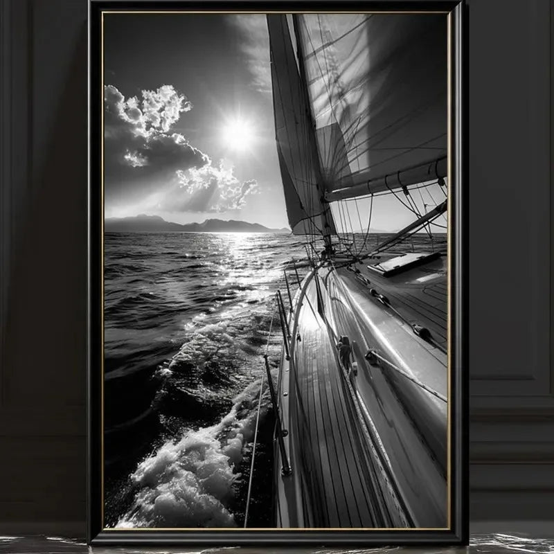 Black White Sailing Boat Canvas Wall Art Nautical Ocean Yacht Poster Set Coastal Style Living Room Bedroom Home Wall Decor