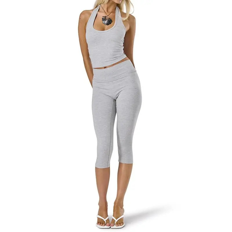 Combhasaki Elastic High Waisted Leggings For Women Knee Length Capri Tummy Control Buttery Cropped Pants Workout Sports Trousers