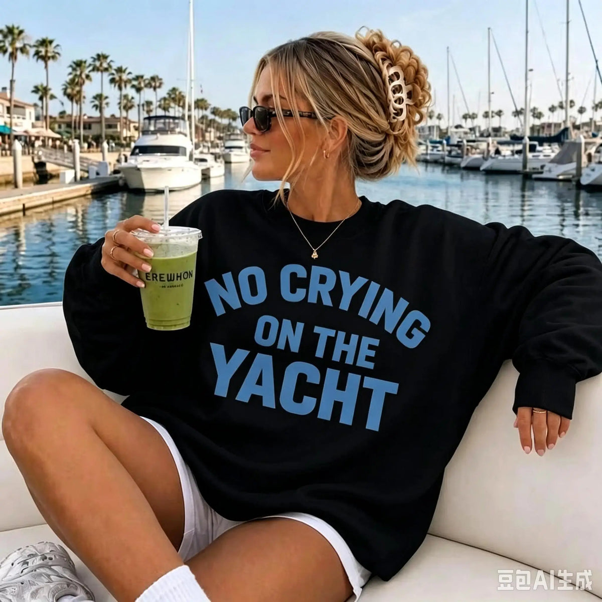 Oversized Crewneck Sweatshirt, Retro Millennium‑Style "No Crying On The Yacht" Lake Life Graphic Print Pullover, Cute Long‑Sleeve Tops For Summer Fall Women Daily Wear