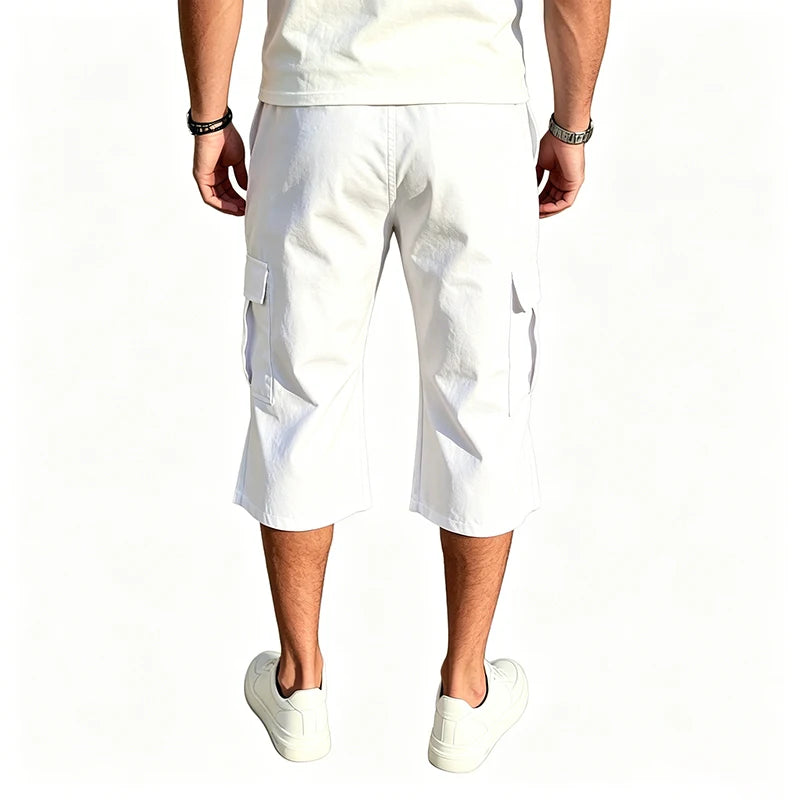 2026 New Men Multi Pocket Cargo Capri Shorts Loose Fit Daily Street Travel Outdoor Casual Drawstring Waist Cropped Short Pants