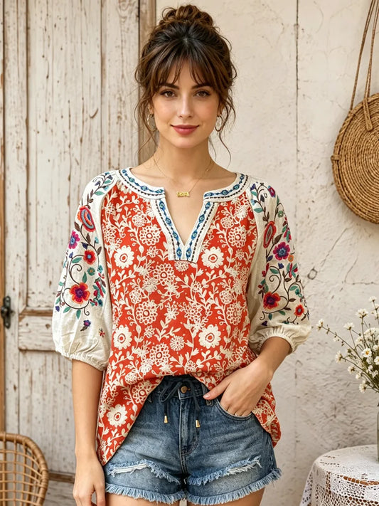 Vintage Red White Floral Peasant Top Colorful Ethnic Embroidery Notch V Neck 3/4 Bubble Sleeve Mexican Western Vacation Blouse