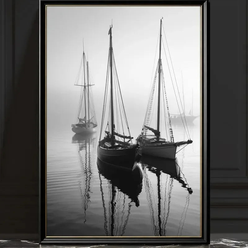 Black White Sailing Boat Canvas Wall Art Nautical Ocean Yacht Poster Set Coastal Style Living Room Bedroom Home Wall Decor
