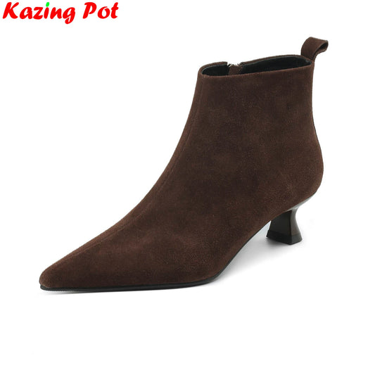 Plus Size 34-43 Cow Suede Pointed Toe Zipper Med Heels Retro Modern Boots Warm Winter Shoes Dating Concise Brand Ins Ankle Boots