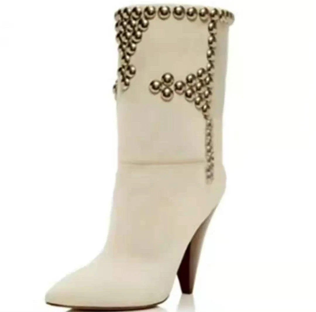 Rivets Studed Women Over The Knee High Boots Long Boots Flock Leather Patchwork High Heel Pointed Toe Runway Bota Black Beige