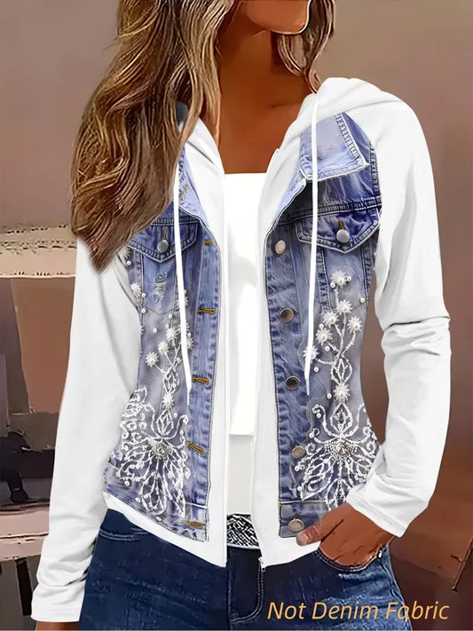 Plus size women's spring and autumn new white hooded patchwork faux denim jacket; embroidered and printed style; casual loose faux denim