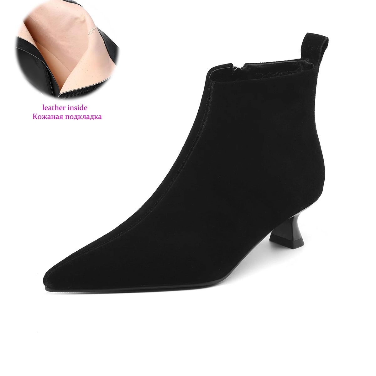 Plus Size 34-43 Cow Suede Pointed Toe Zipper Med Heels Retro Modern Boots Warm Winter Shoes Dating Concise Brand Ins Ankle Boots