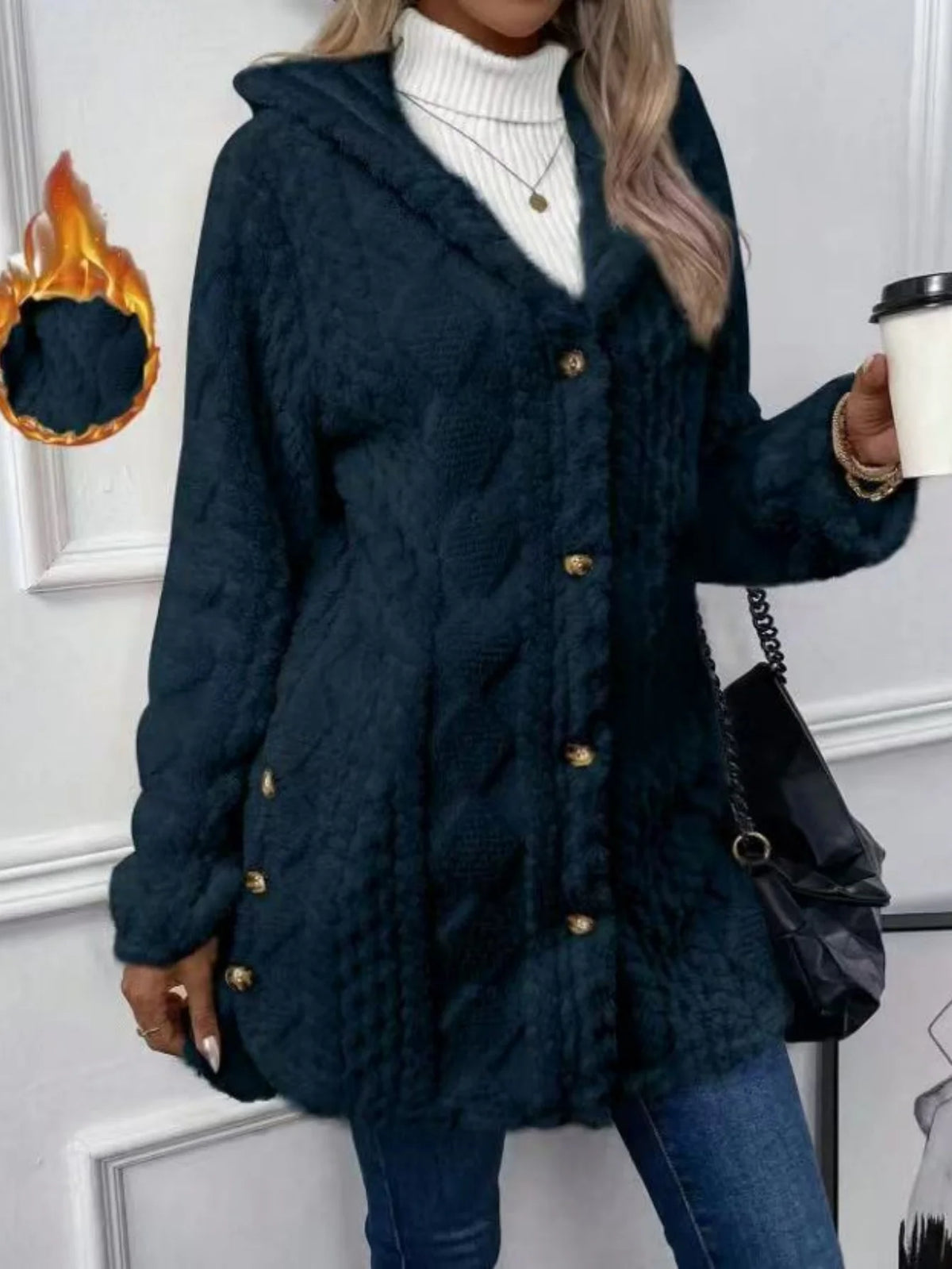 Women Winter Fleece Cable Knit Hooded Cardigan Coat Casual Long Sleeve Button Down Warm Sherpa Plush Outerwear Tops
