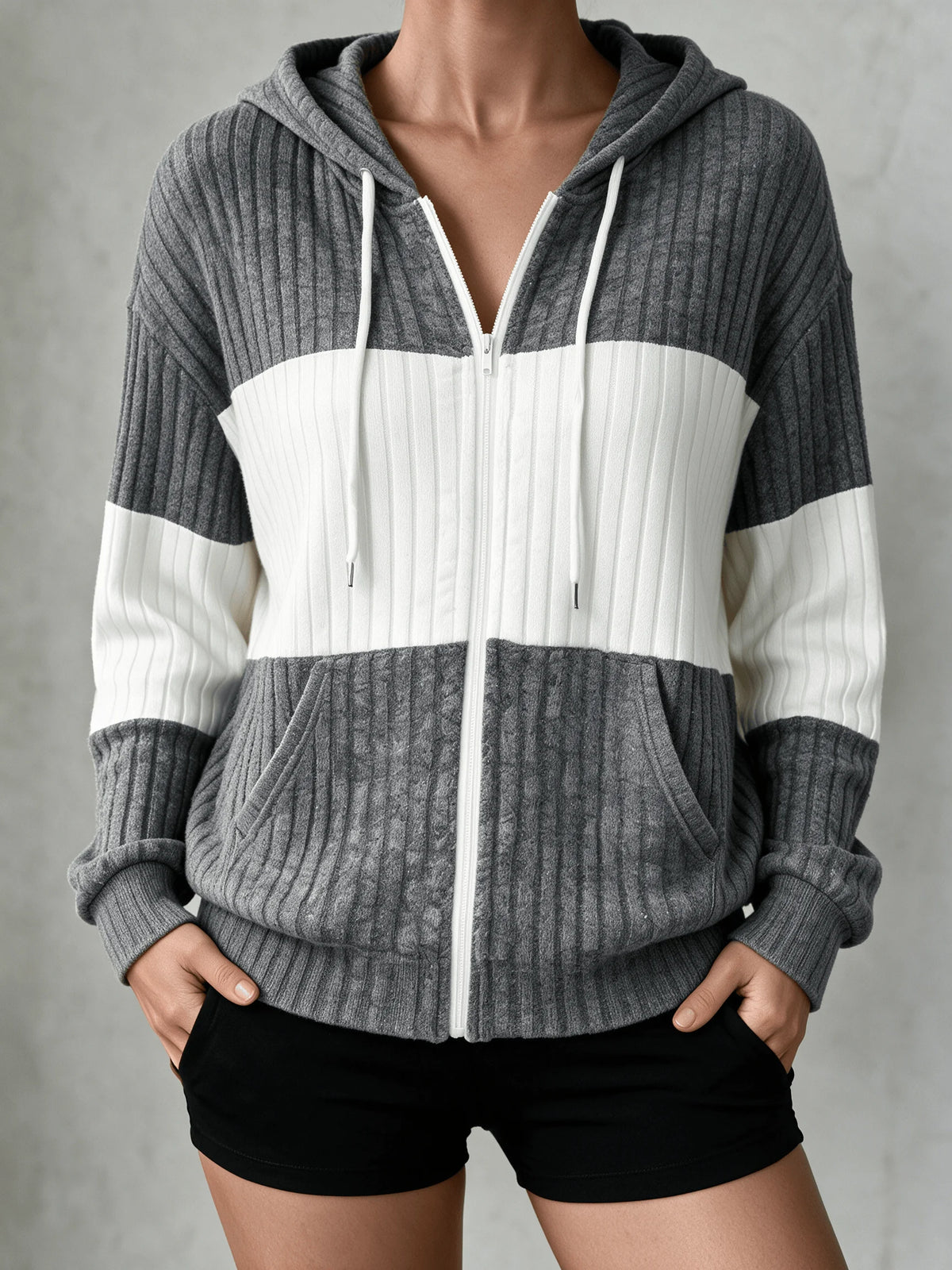 Women Color Block Zip Up Hooded Knit Cardigan Long Sleeve Drawstring Hoodie Casual Loose Fit Outerwear Jacket For Daily Wear