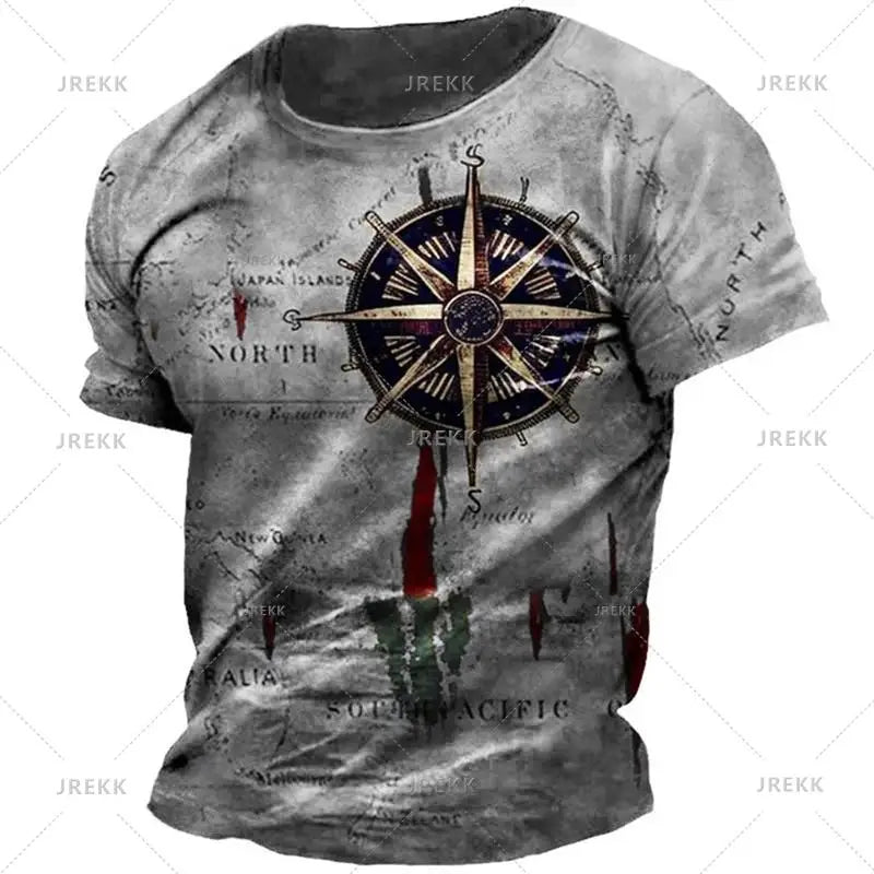 Vintage Nautical Map Compass Printing T Shirts Summer Daily Men Loose Short Sleeve Male Tees Casual Tops Unisex Clothing Apparel