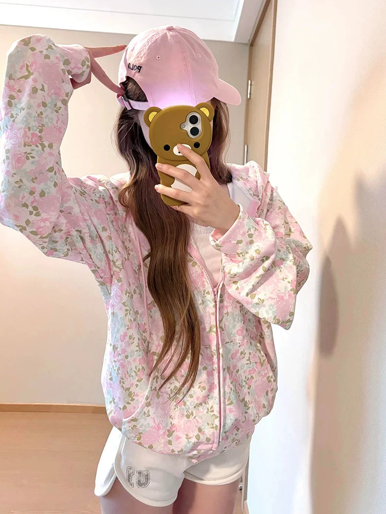 Aoaiiys Floral Print Hoodies Women Streetwear Zipper Loose Sweatshirt Long Sleeve Hoodies Y2k Autumn Winter New Sweatshirts Coat