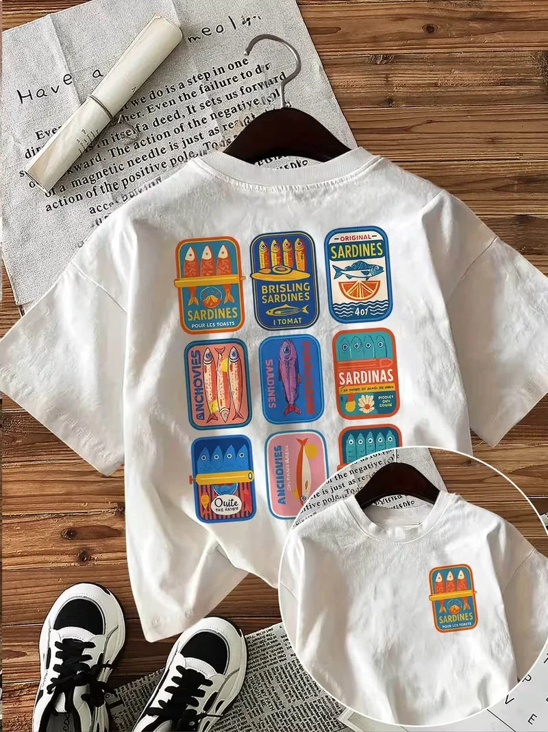 Women's Vintage Nautical Sardine Print T-Shirt, Double-Sided Graphic Casual Round Neck Short Sleeve Top for Spring Summer Fall