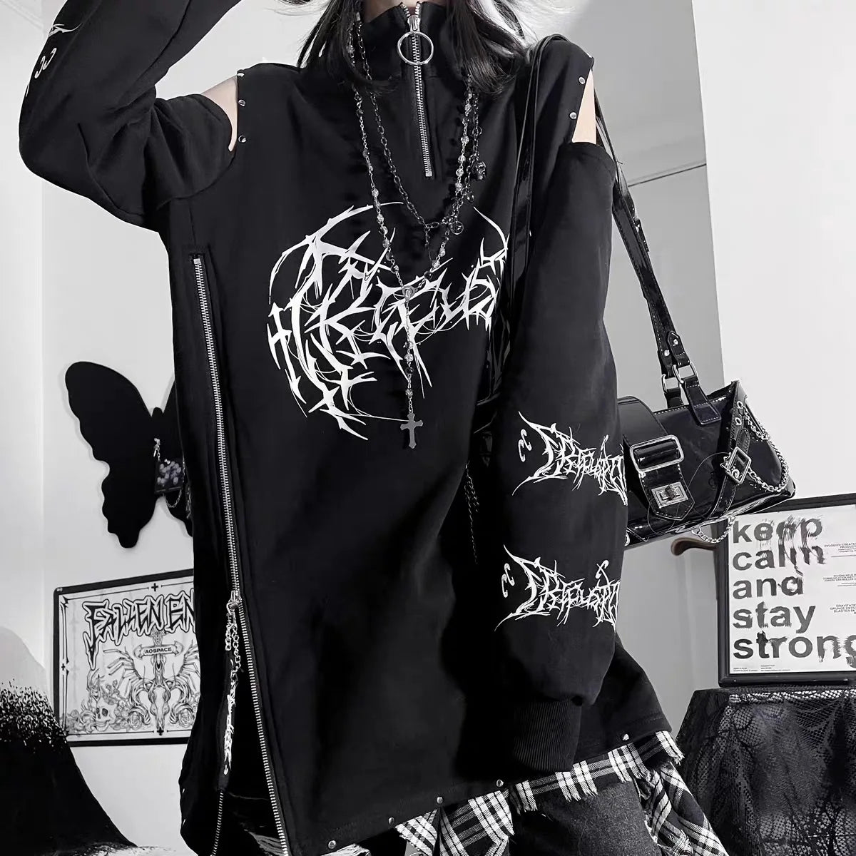 Two-Dimensional Dark Print Subculture Punk Long-Sleeved Loose Bf Style Off-Shoulder Sweatshirt with Zipper Design for Spring