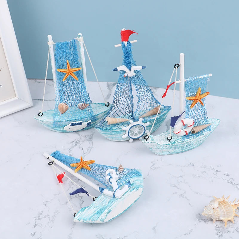 1PC 15CM Ornaments Party Home Decoration New Mediterranean Style Marine Nautical Wooden Blue Sailing Boat Ship Wood Crafts