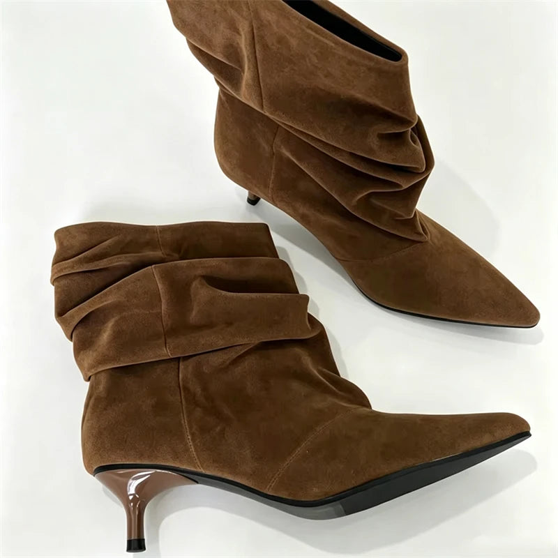 ZAROY Brand Designer Women Boots Fall Winter Warm Faux Suede Short Botas Point Toe Ruched Kitten Heel Modern Ankle Boots ботинки